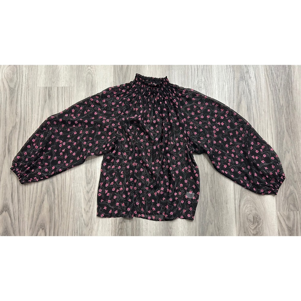 Elizabeth and James Womens Black Pink Floral Smocked‎ Mock Neck Blouse Small